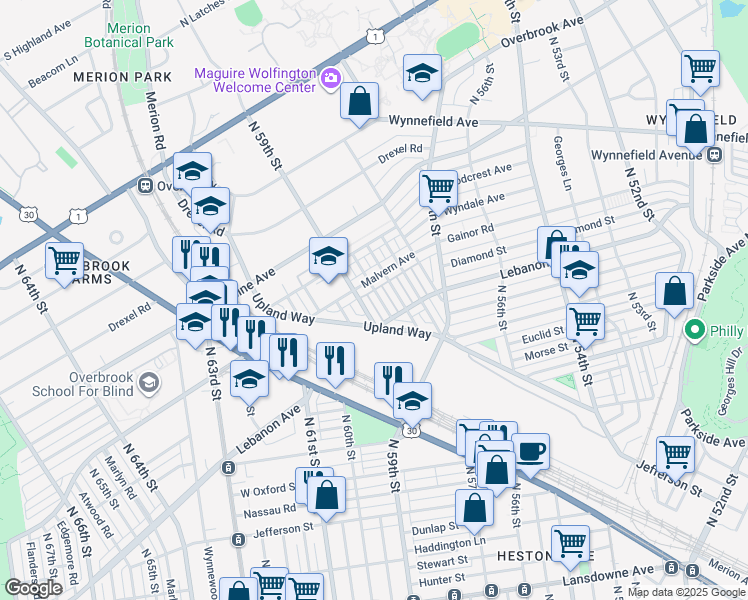 map of restaurants, bars, coffee shops, grocery stores, and more near 2105 North 59th Street in Philadelphia