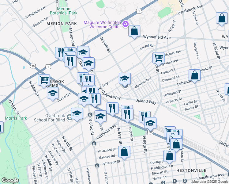 map of restaurants, bars, coffee shops, grocery stores, and more near 2201 North Salford Street in Philadelphia