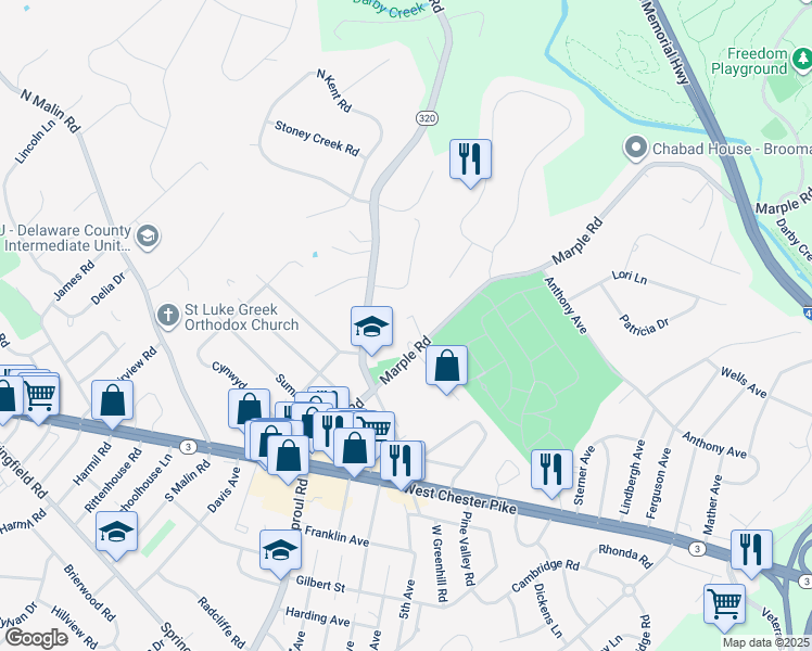 map of restaurants, bars, coffee shops, grocery stores, and more near 146 Marple Road in Broomall