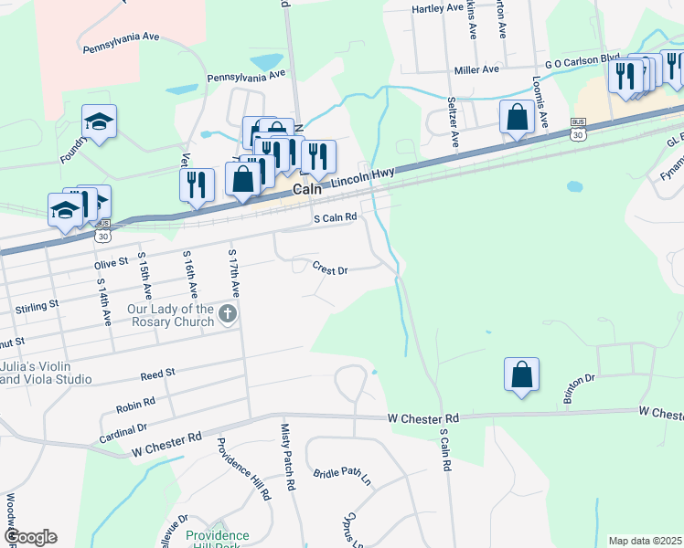 map of restaurants, bars, coffee shops, grocery stores, and more near 304 Eliot Circle in Coatesville