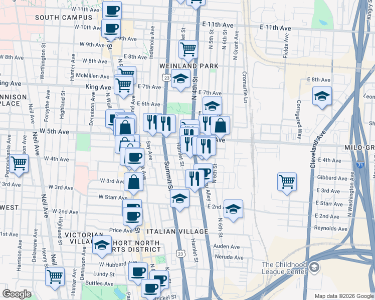 map of restaurants, bars, coffee shops, grocery stores, and more near 1101n North 4th Street in Columbus