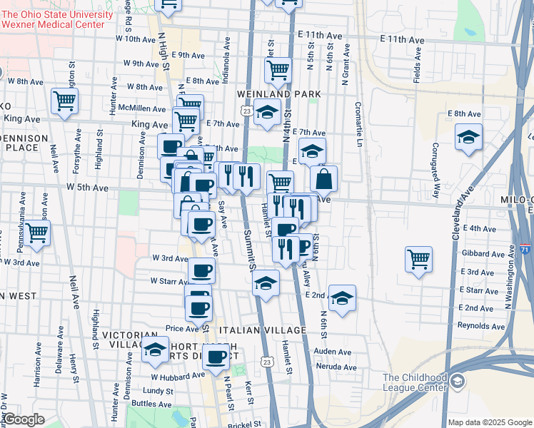 map of restaurants, bars, coffee shops, grocery stores, and more near 1108 Beacon Alley in Columbus