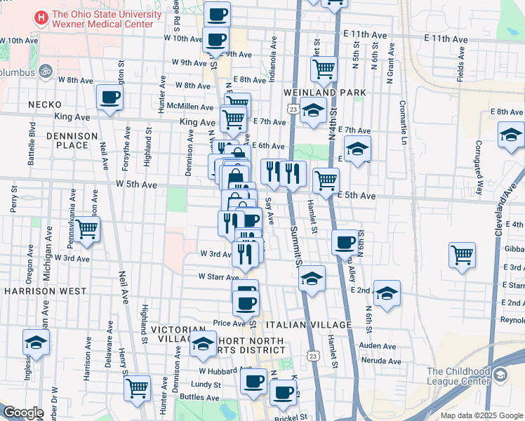map of restaurants, bars, coffee shops, grocery stores, and more near 1130 Mount Pleasant Avenue in Columbus