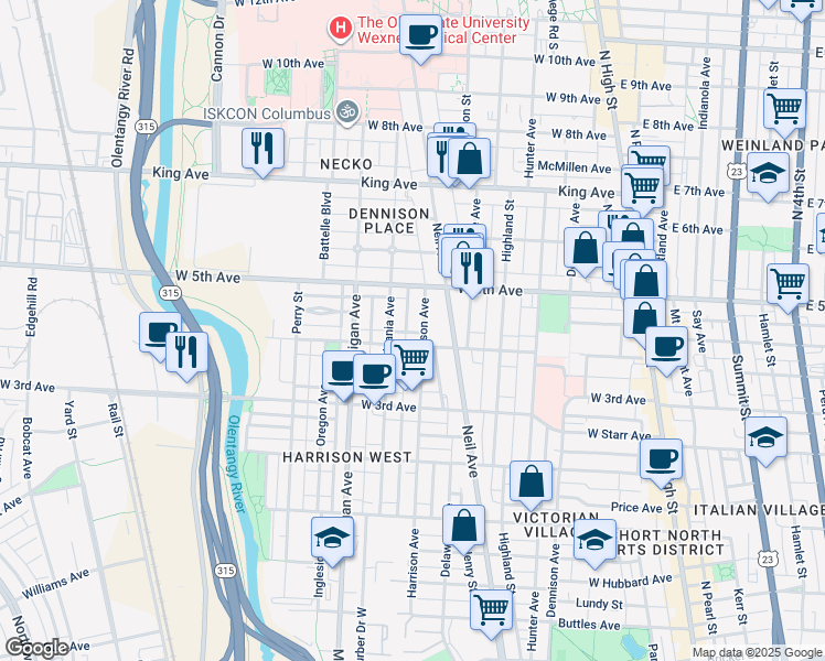map of restaurants, bars, coffee shops, grocery stores, and more near 339 West 4th Avenue in Columbus