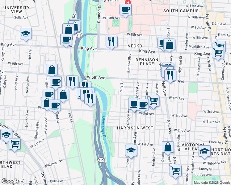 map of restaurants, bars, coffee shops, grocery stores, and more near 1205 1/2 Perry Street in Columbus