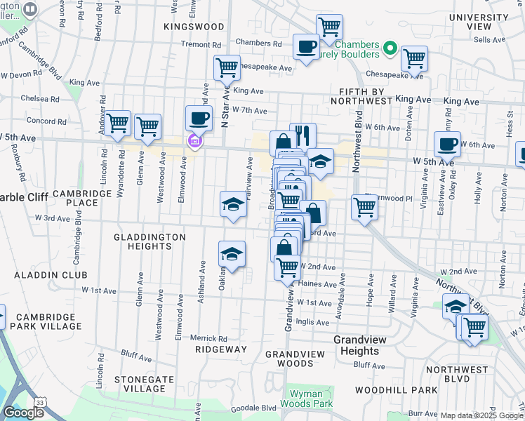 map of restaurants, bars, coffee shops, grocery stores, and more near 1376 Broadview Avenue in Columbus