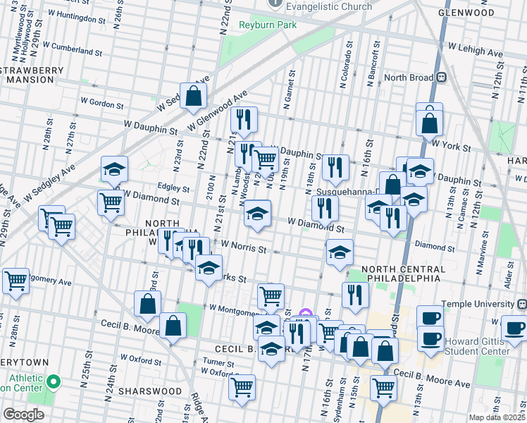 map of restaurants, bars, coffee shops, grocery stores, and more near 1921 West Diamond street in Philadelphia