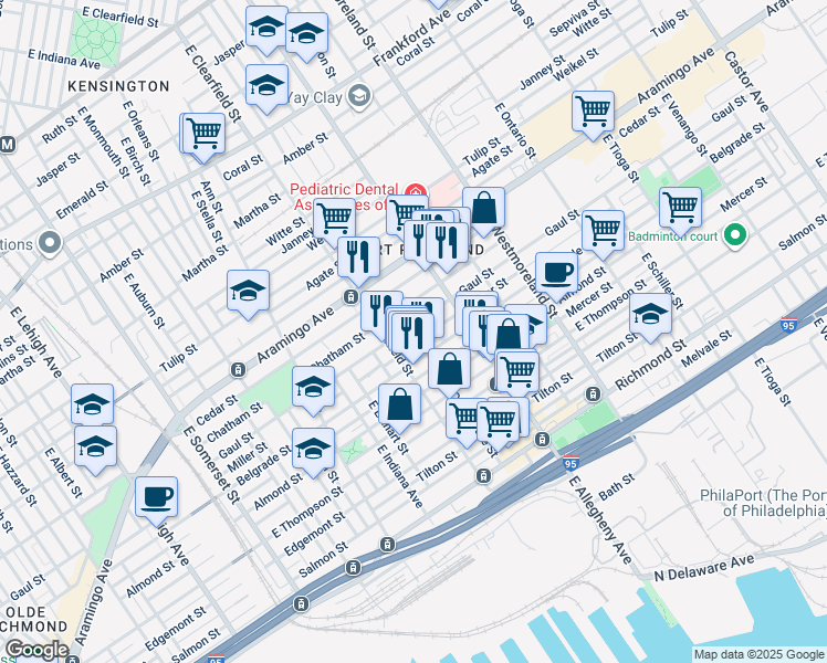 map of restaurants, bars, coffee shops, grocery stores, and more near 3133 Gaul Street in Philadelphia