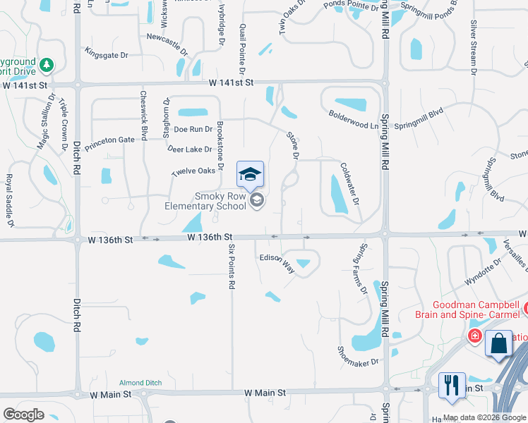map of restaurants, bars, coffee shops, grocery stores, and more near 13616 Stone Drive in Carmel