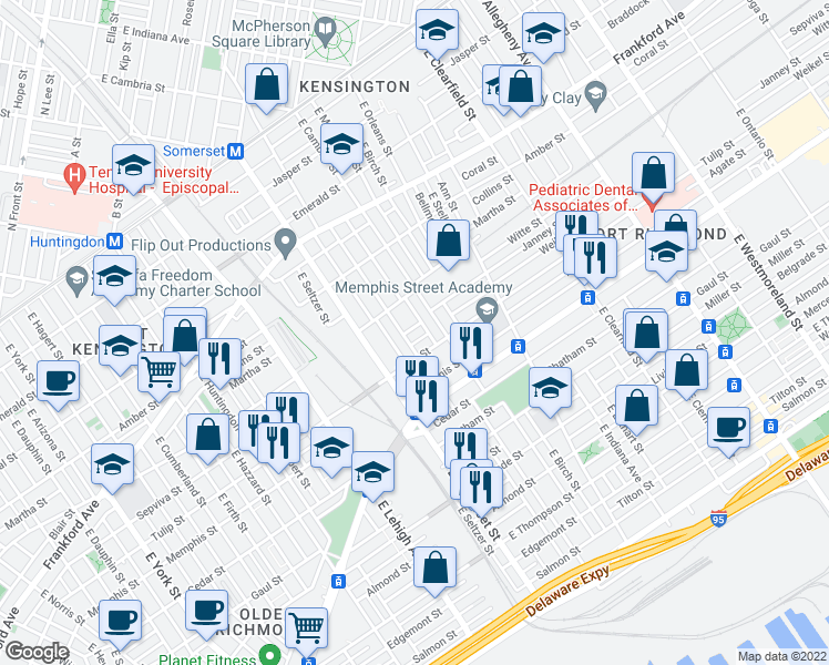 map of restaurants, bars, coffee shops, grocery stores, and more near 2855 Janney Street in Philadelphia