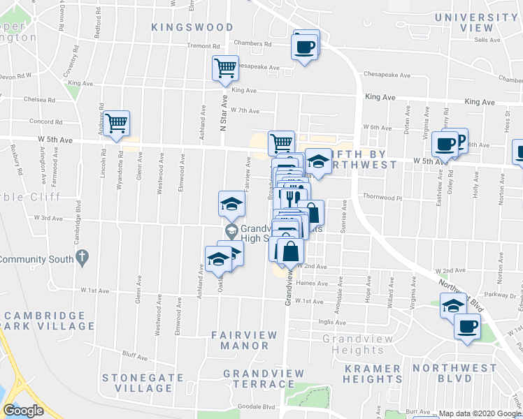 map of restaurants, bars, coffee shops, grocery stores, and more near 1376 Broadview Avenue in Columbus