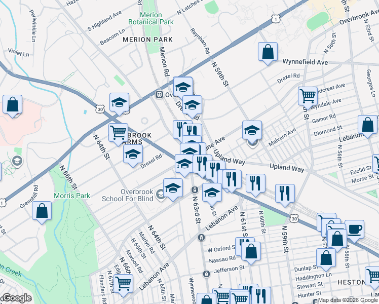 map of restaurants, bars, coffee shops, grocery stores, and more near 6300 Woodbine Avenue in Philadelphia