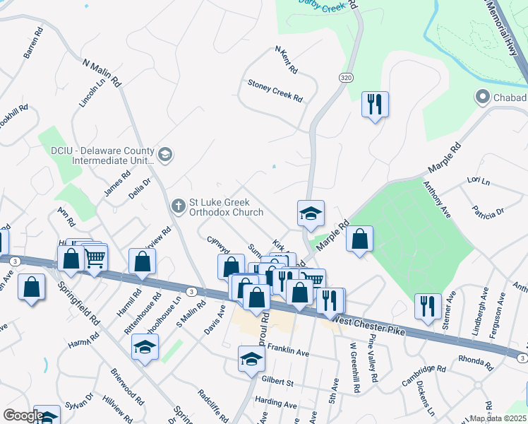 map of restaurants, bars, coffee shops, grocery stores, and more near 2618 Sunset Boulevard in Broomall
