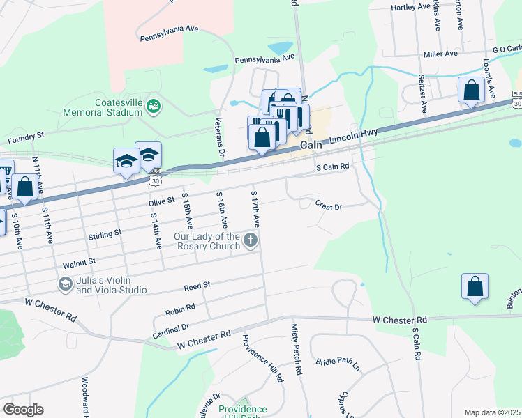 map of restaurants, bars, coffee shops, grocery stores, and more near 41 South 17th Avenue in Coatesville
