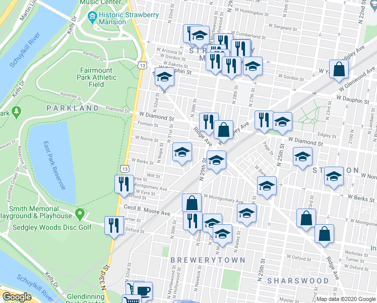 map of restaurants, bars, coffee shops, grocery stores, and more near 1955 North 30th Street in Philadelphia