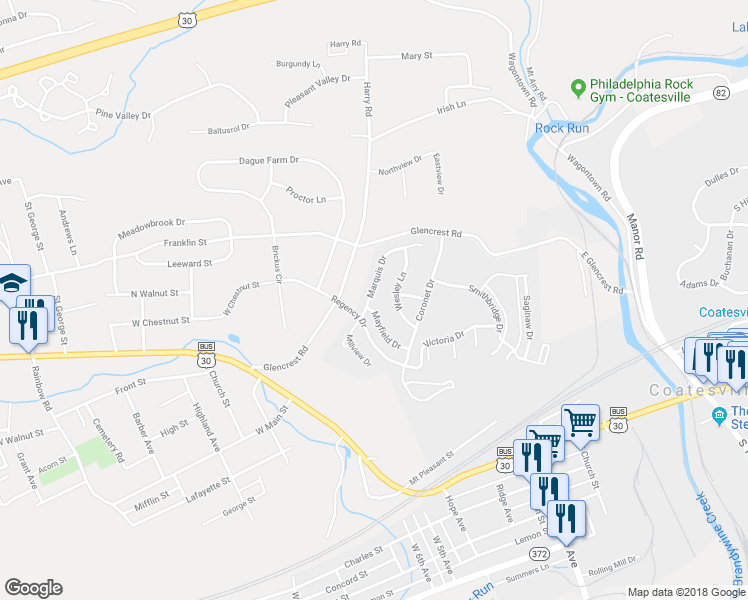 map of restaurants, bars, coffee shops, grocery stores, and more near 100 Marquis Drive in Coatesville