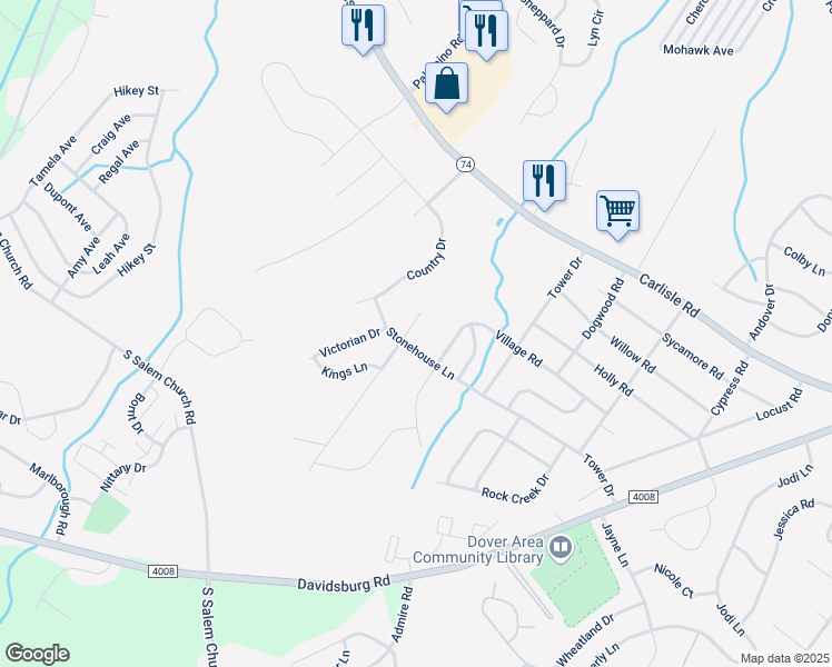 map of restaurants, bars, coffee shops, grocery stores, and more near 2546 Brownstone Court in Dover