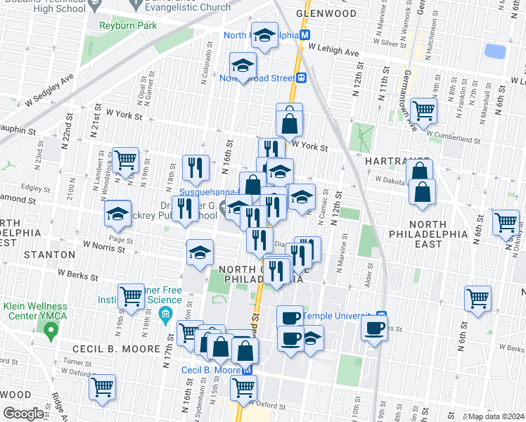 map of restaurants, bars, coffee shops, grocery stores, and more near 1412 West Susquehanna Avenue in Philadelphia
