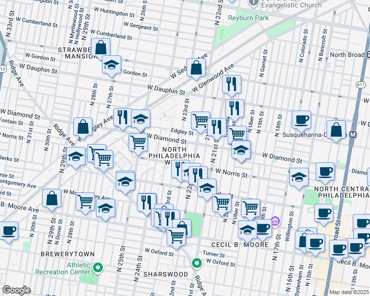 map of restaurants, bars, coffee shops, grocery stores, and more near 2221 Fontain Street in Philadelphia