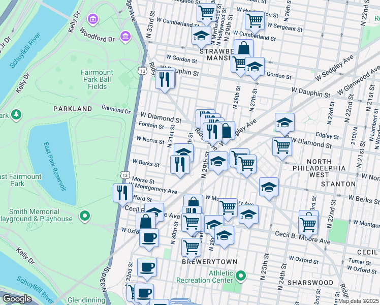 map of restaurants, bars, coffee shops, grocery stores, and more near 1955 North 30th Street in Philadelphia