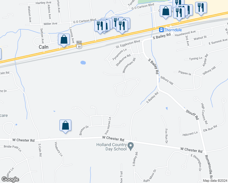 map of restaurants, bars, coffee shops, grocery stores, and more near 3005 Honeymead Road in Downingtown