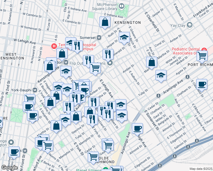 map of restaurants, bars, coffee shops, grocery stores, and more near 2105 East Lehigh Avenue in Philadelphia