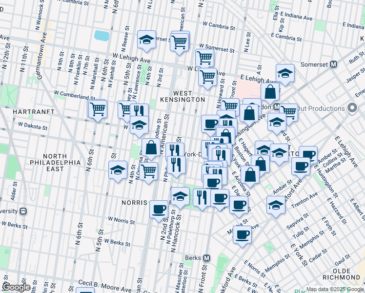 map of restaurants, bars, coffee shops, grocery stores, and more near 2332 North Palethorp Street in Philadelphia