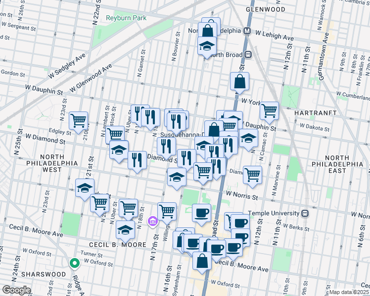 map of restaurants, bars, coffee shops, grocery stores, and more near 1612 French Street in Philadelphia