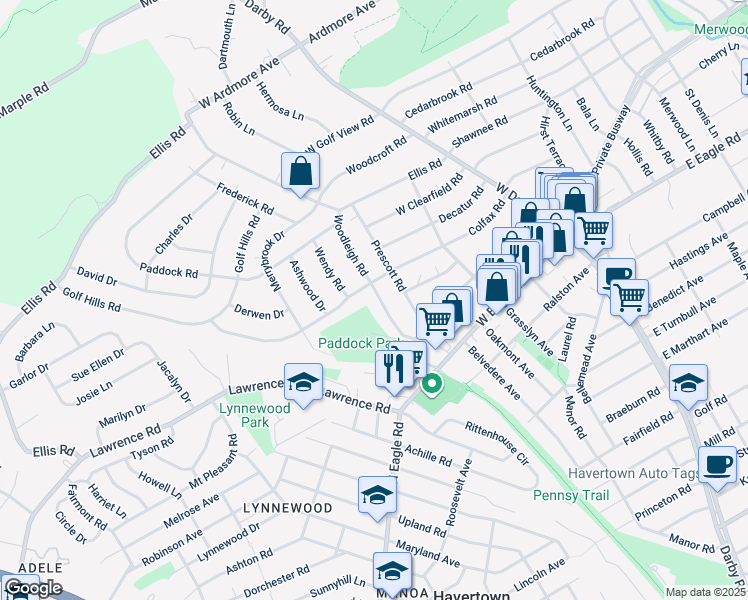 map of restaurants, bars, coffee shops, grocery stores, and more near 2546 Woodleigh Road in Havertown