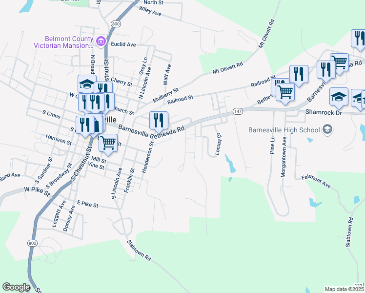 map of restaurants, bars, coffee shops, grocery stores, and more near 151 Ohio Street in Barnesville