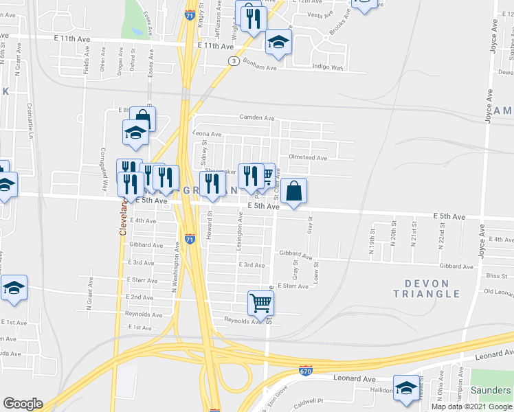map of restaurants, bars, coffee shops, grocery stores, and more near E 5th Ave & Peters Ave in Columbus