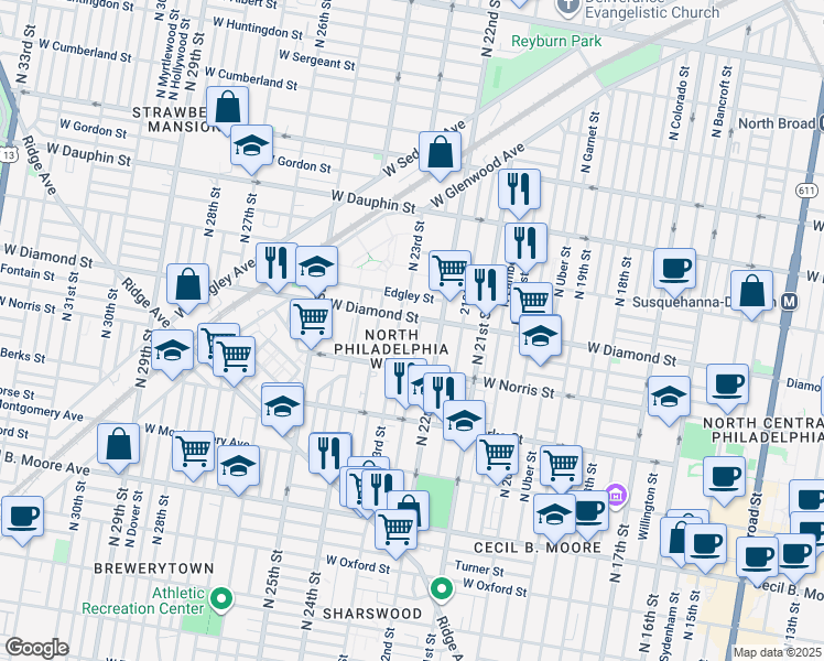 map of restaurants, bars, coffee shops, grocery stores, and more near 2227 Fontain Street in Philadelphia