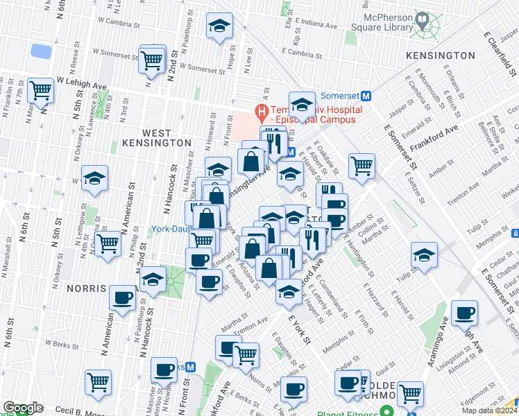 map of restaurants, bars, coffee shops, grocery stores, and more near 2465 Jasper Street in Philadelphia