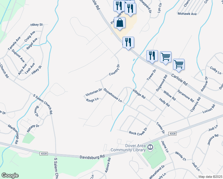 map of restaurants, bars, coffee shops, grocery stores, and more near 2546 Brownstone Court in Dover