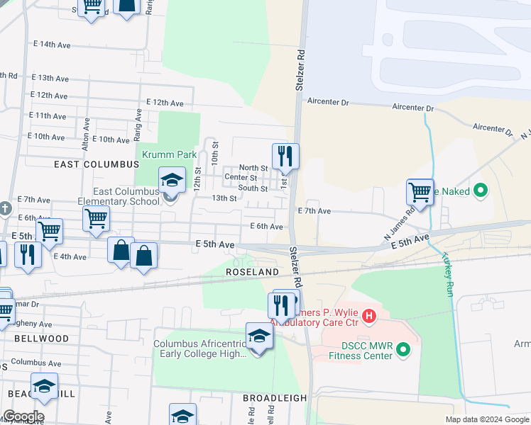map of restaurants, bars, coffee shops, grocery stores, and more near 3325 East 7th Avenue in Columbus