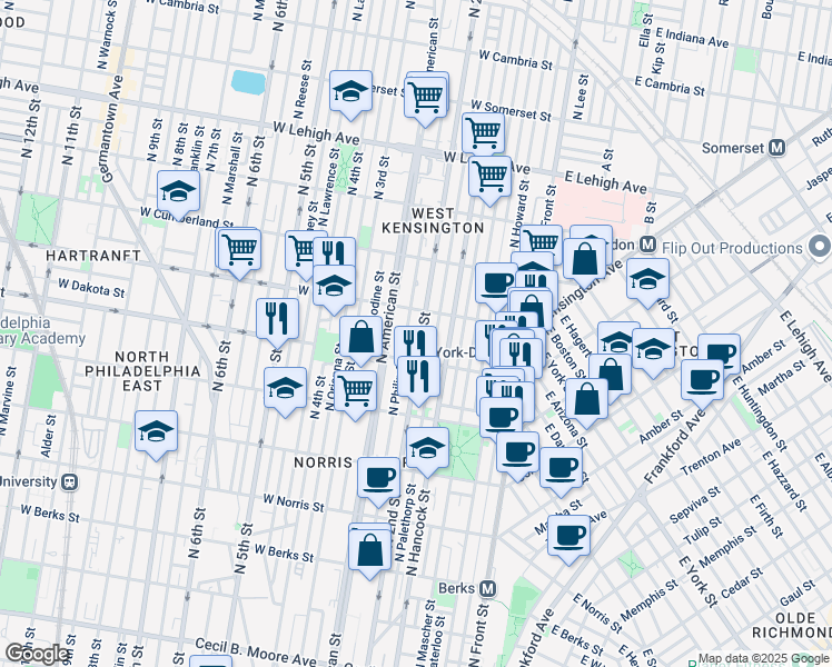 map of restaurants, bars, coffee shops, grocery stores, and more near 2302 North 2nd Street in Philadelphia
