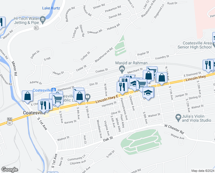 map of restaurants, bars, coffee shops, grocery stores, and more near 605 East Chestnut Street in Coatesville