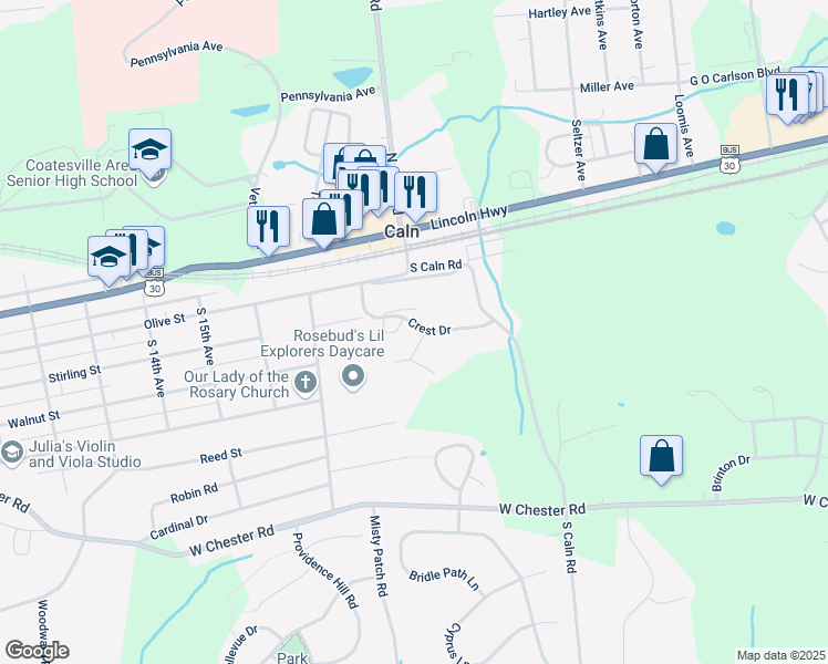map of restaurants, bars, coffee shops, grocery stores, and more near 1812 Crest Drive in Coatesville