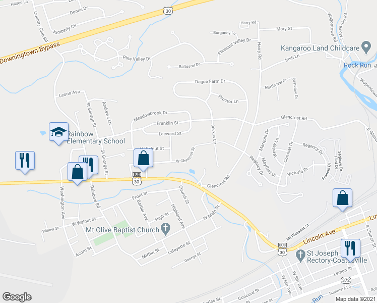 map of restaurants, bars, coffee shops, grocery stores, and more near 851 West Chestnut Street in Coatesville