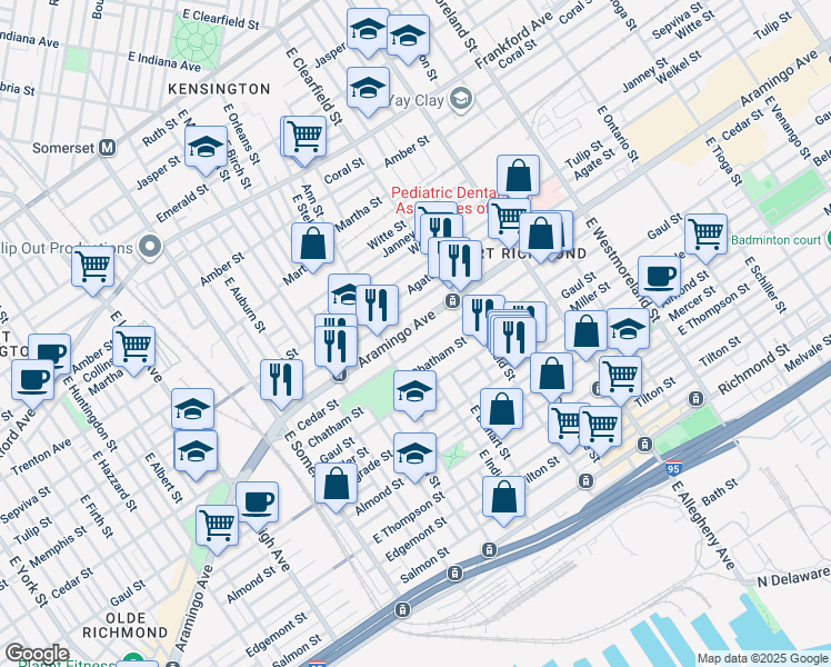 map of restaurants, bars, coffee shops, grocery stores, and more near 3017 Aramingo Avenue in Philadelphia