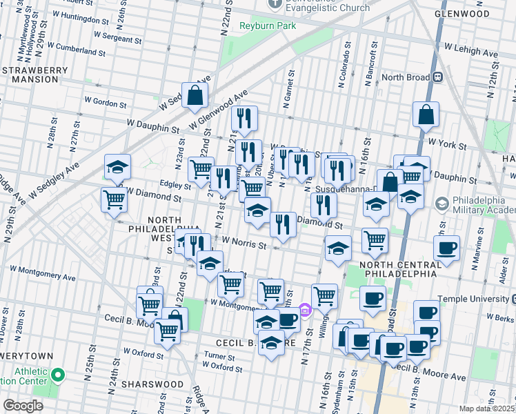 map of restaurants, bars, coffee shops, grocery stores, and more near 1933 West Diamond street in Philadelphia