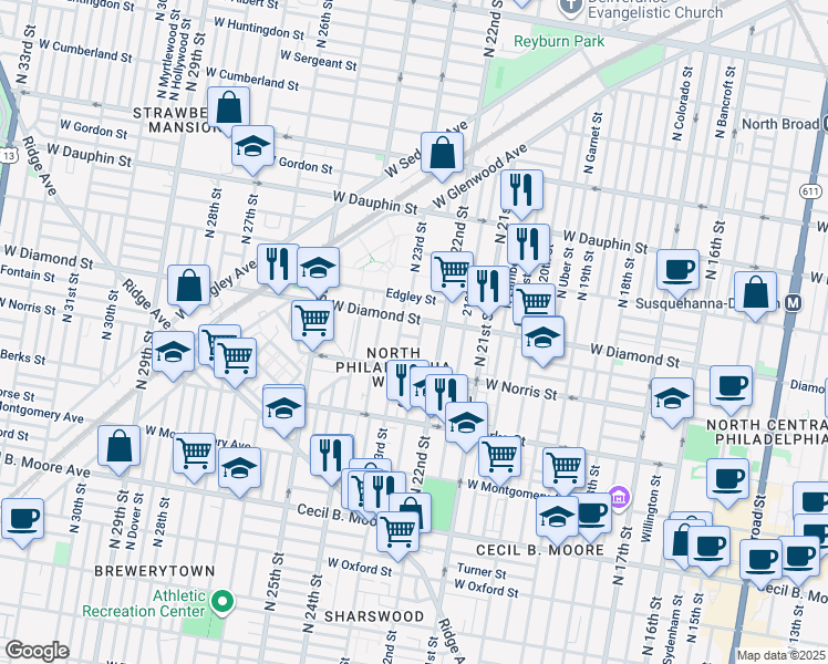 map of restaurants, bars, coffee shops, grocery stores, and more near 2227 Fontain Street in Philadelphia