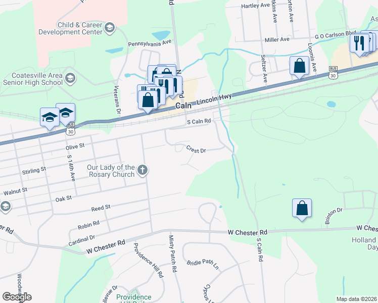 map of restaurants, bars, coffee shops, grocery stores, and more near 304 Eliot Circle in Coatesville