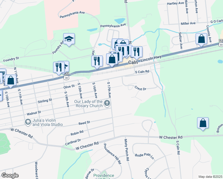 map of restaurants, bars, coffee shops, grocery stores, and more near 41 South 17th Avenue in Coatesville