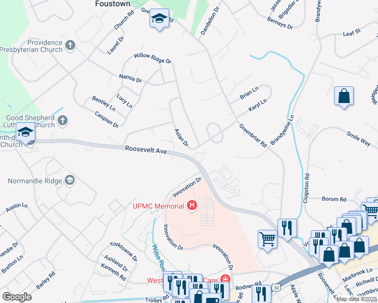 map of restaurants, bars, coffee shops, grocery stores, and more near 1837 Roosevelt Avenue in York