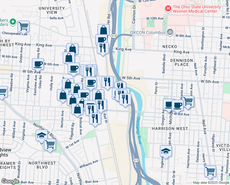 map of restaurants, bars, coffee shops, grocery stores, and more near 720 West 3rd Avenue in Columbus
