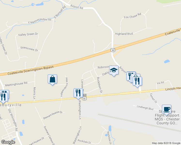 map of restaurants, bars, coffee shops, grocery stores, and more near 531 Tifton Lane in Coatesville