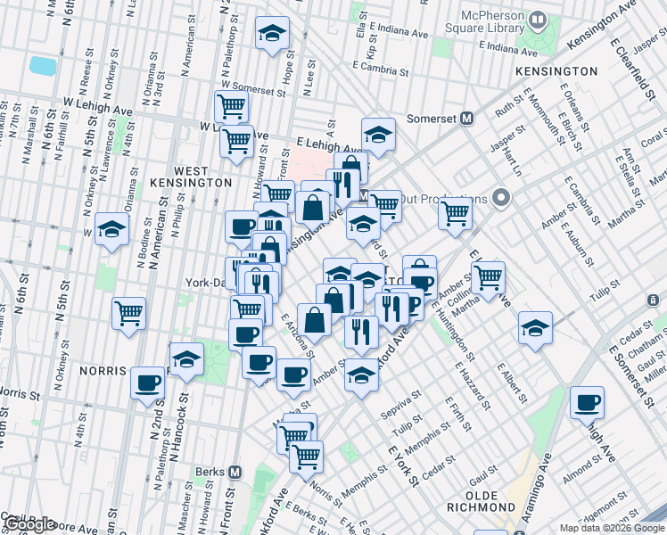 map of restaurants, bars, coffee shops, grocery stores, and more near 2444 Emerald Street in Philadelphia