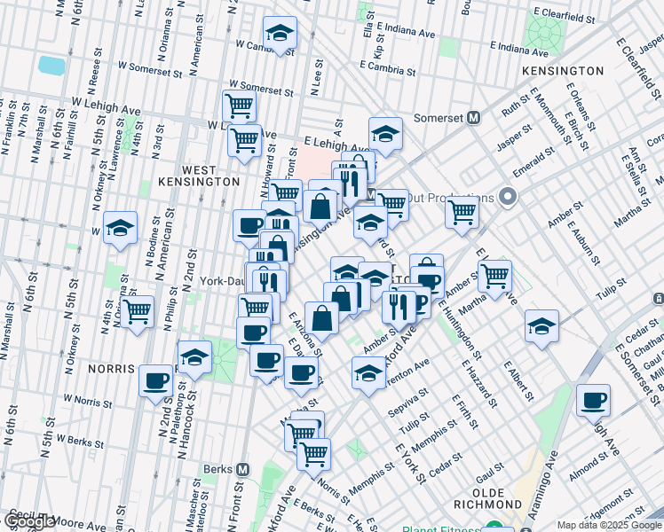 map of restaurants, bars, coffee shops, grocery stores, and more near 2465 Jasper Street in Philadelphia