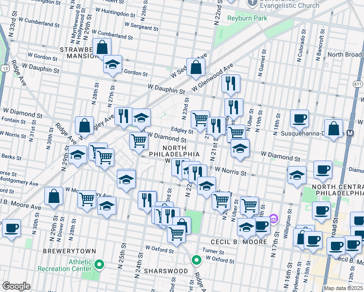 map of restaurants, bars, coffee shops, grocery stores, and more near 2231 Fontain Street in Philadelphia